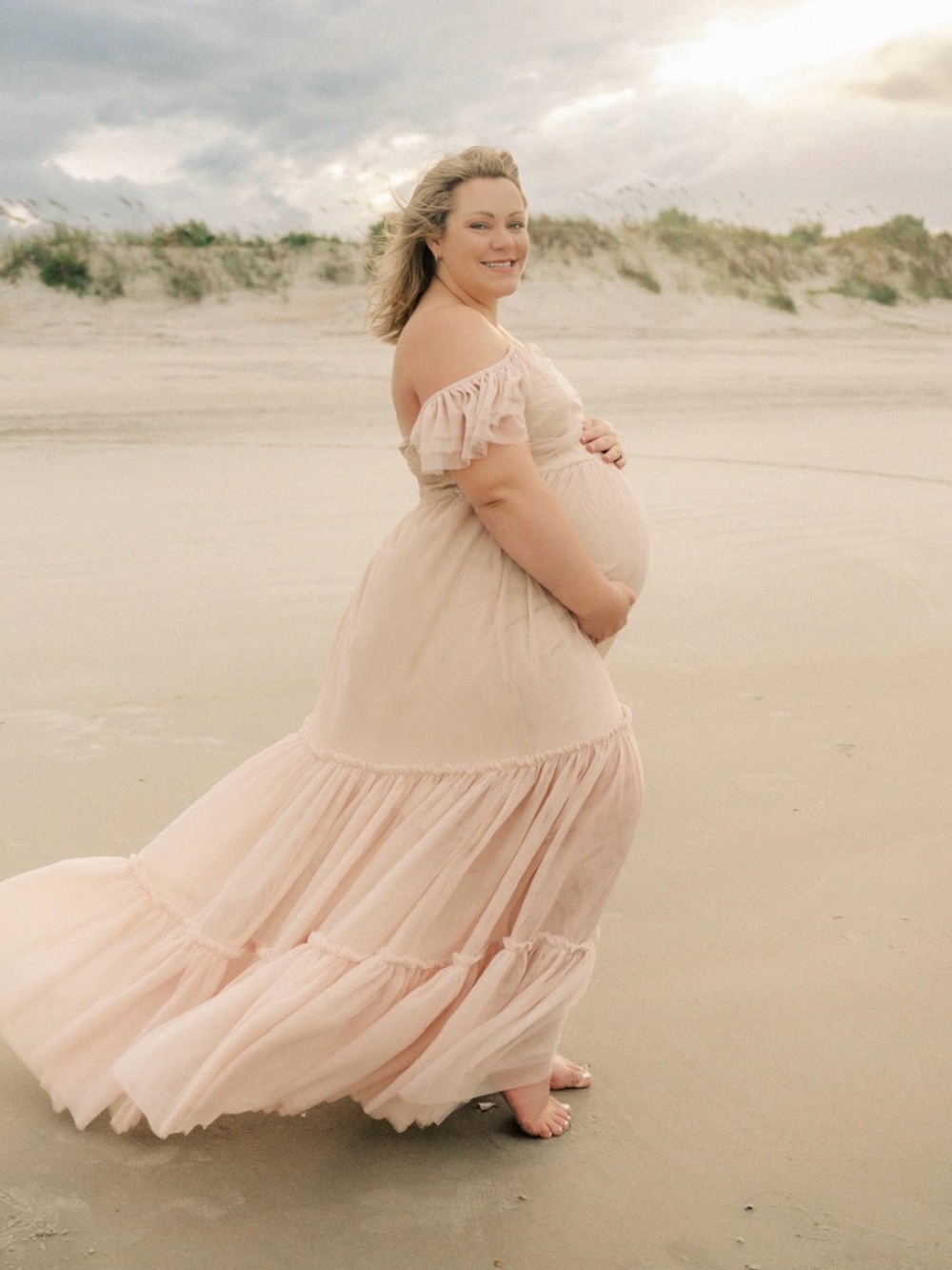 Off-Shoulder Cream Maxi Dress with Tiered Skirt